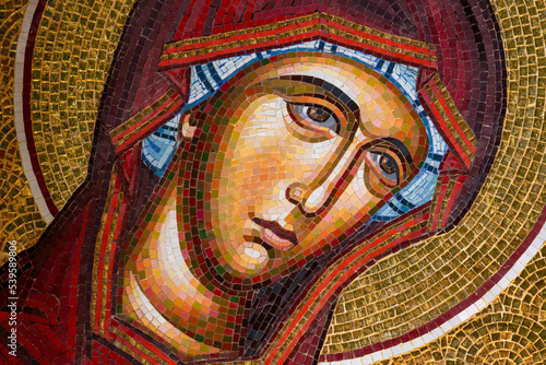 Detail of byzantine or orthodox mosaic icon depicting the head of Virgin Mary. Great for Easter needs.