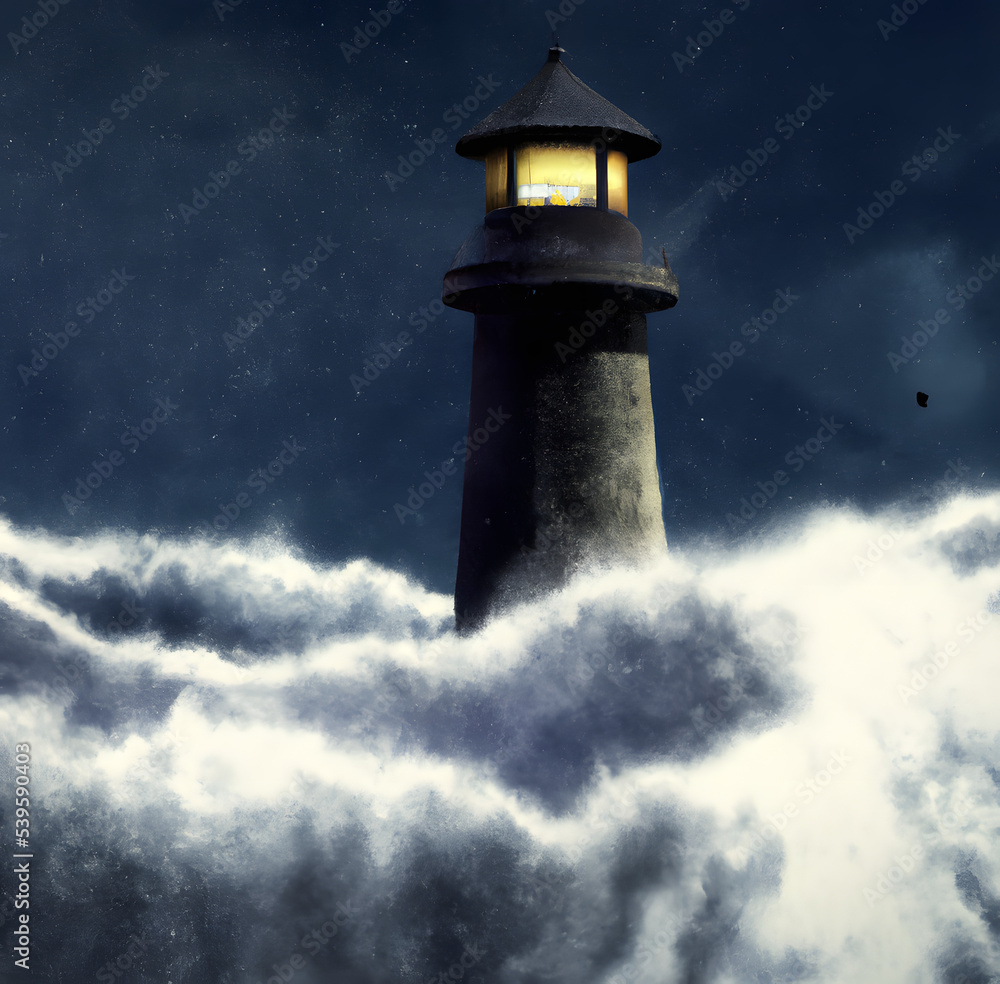 Illustration of an old broken lighthouse overlooking a raging sea with big waves in the middle of a storm