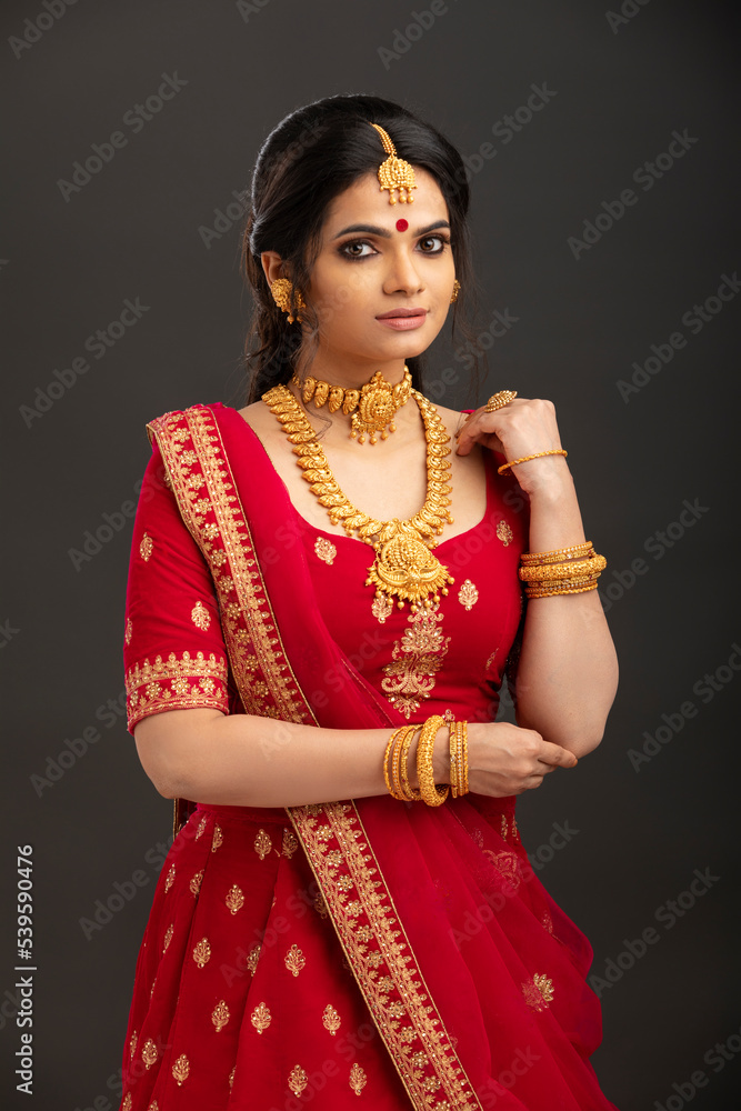 Pretty Indian young Hindu Bride against grey background.