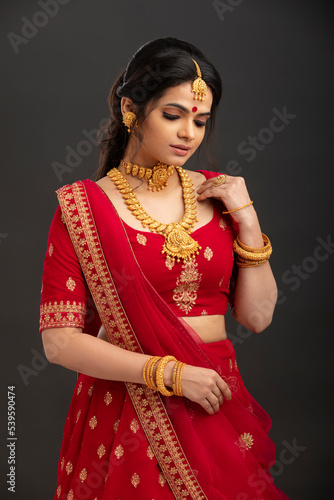 Pretty Indian young Hindu Bride against grey background.