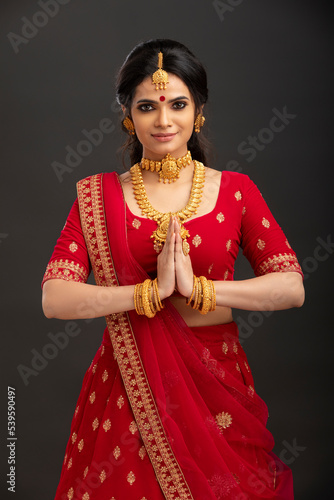 Photography Pretty Indian young Hindu Bride against grey background.
