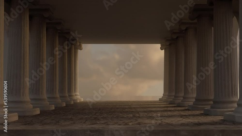 Wide hall with ionic columns and view to beautiful sky photo