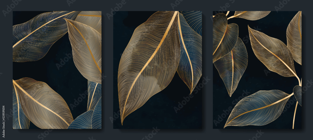 Luxury dark art background with exotic leaves in golden art line style. Botanical poster set with watercolor texture for banner design, wallpaper, print, decor, interior.. - obrazy, fototapety, plakaty 