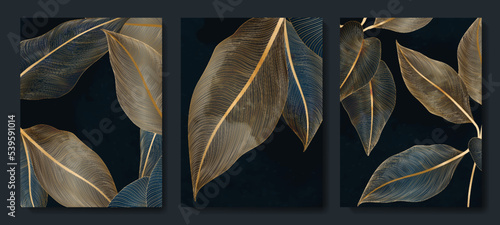 Fotografia Luxury dark art background with exotic leaves in golden art line style