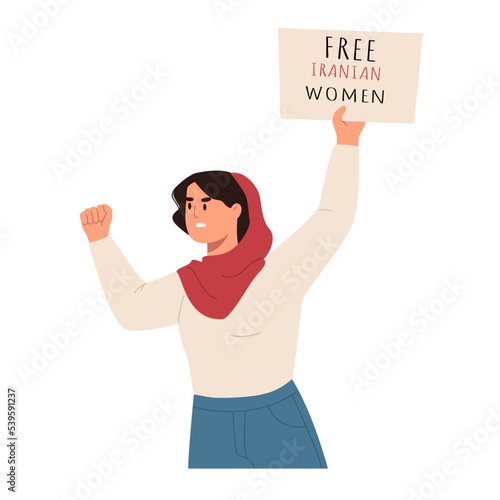 Protesting iranian woman in hijab with poster. 