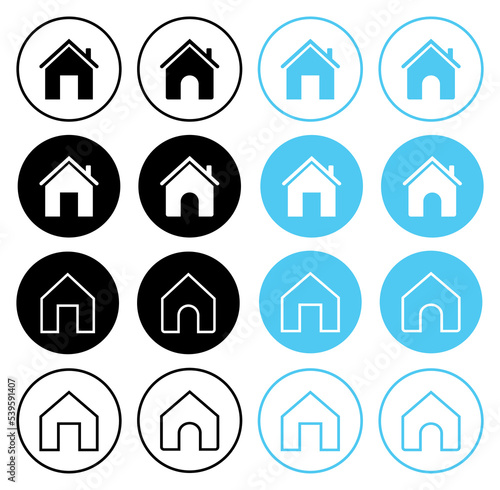 Vector the collection for apps and websites: main page button, houses icons for apps and websites. House flat symbol set, on whitr background - stock vector.