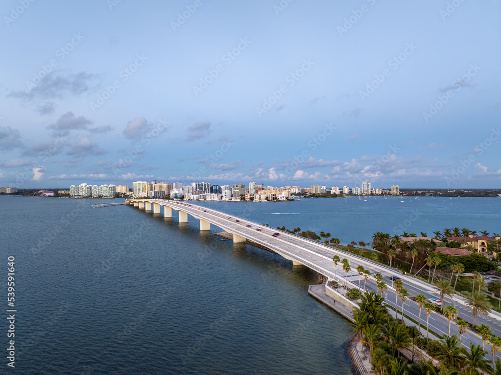 John Ringling Causeway to the CIty of Sarasota aerial at blue hour