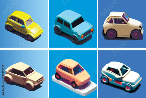 Set of isolated car illustrations. Funny cars in cartoon style 3d.