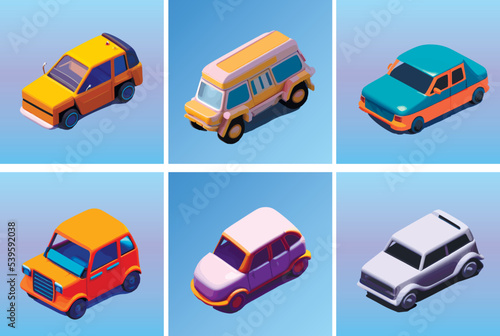 Set of isolated car illustrations. Funny cars in cartoon style 3d.