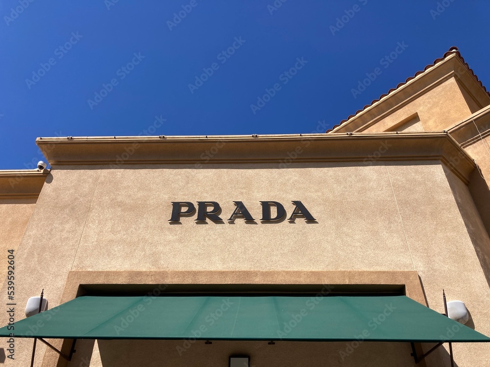 Prada sign, logo on the store facade at Desert Hills Premium Outlets