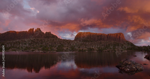 mt geryon and lake elysia at sunset in tasmania