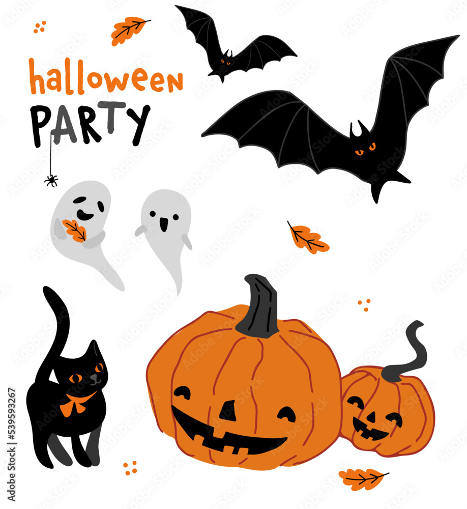 Fototapeta premium Halloween elements set on white. Cute black cat with pumpkins, ghosts and bats. Halloween party