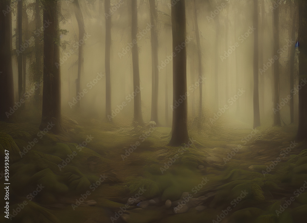 Fototapeta premium Landscape Fantasy Sunlight Nature Fog Autumn Trees Morning Wood Leaf Sun Mist Light Dark Foggy Green Pine Forest Woodland Tree Path Sunrise Woods Misty Summer
