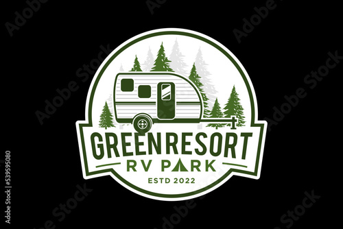 Recreational Vehicle logo design holiday journey traveler pine tree forest RV silhouette