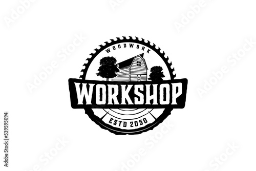 Wood Barn logo design wood house carpenter workshop with circular saw emblem banner vintage silhouette