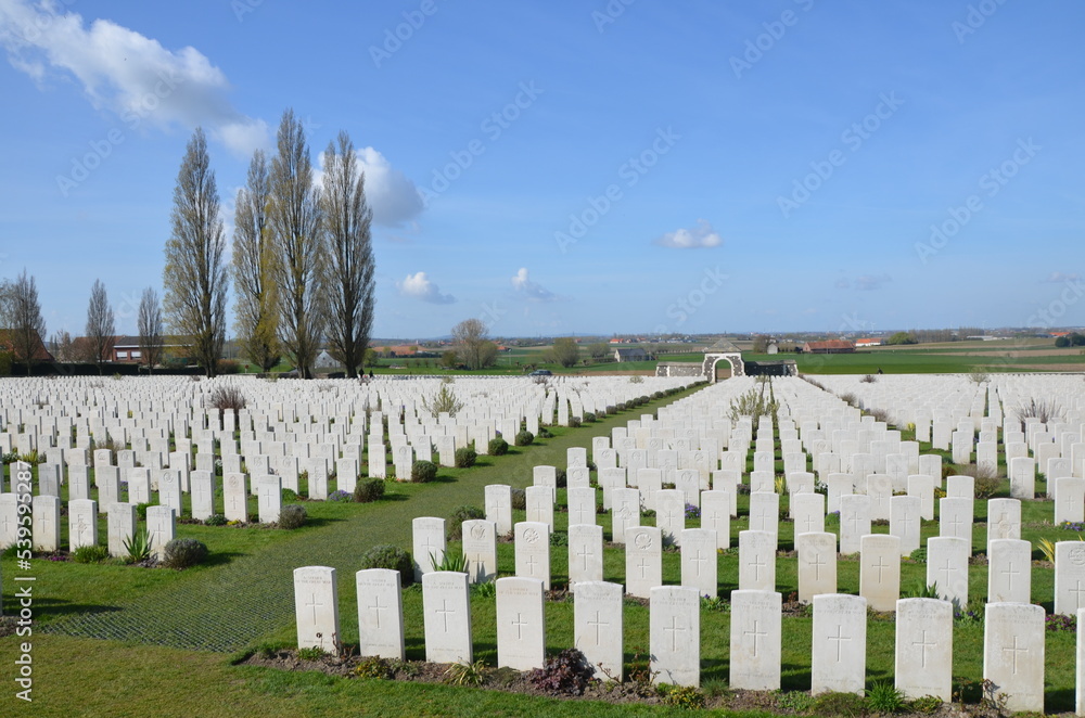 Tyne Cot Cemetery near Ypres, Belgium, with graves of soldiers who died in the first world war.