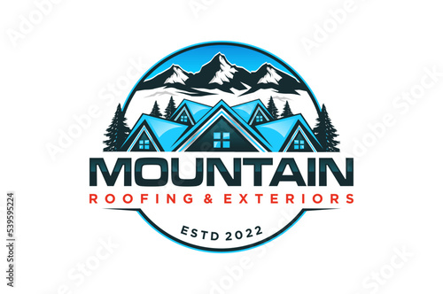 Property house logo real estate emblem rounded shape mountain hill window roof home cabin lodge
