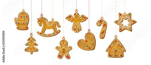 Hanging Christmas gingerbread cookies in cartoon style. Sweet biscuits in festive shapes characters and gifts for template web banner. Cute childish Vector illustration