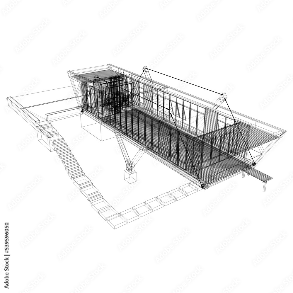 Residential Modern Building House Vector. 3D Illustration Of Modern Family House Perspective. Illustration Isolated On White Background. 