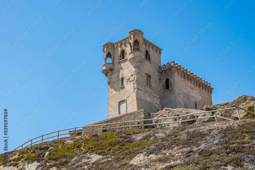 Hill with vegetation and fence and Santa Catalina castle in neo-renaissance style on top, Tarifa SPAIN