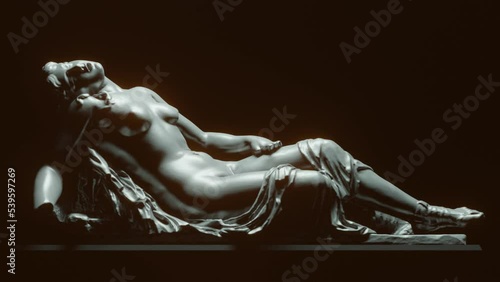 An antique statue of a girl lying in the dark. 3d animation.