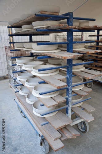 Pottery bowls drying in factory