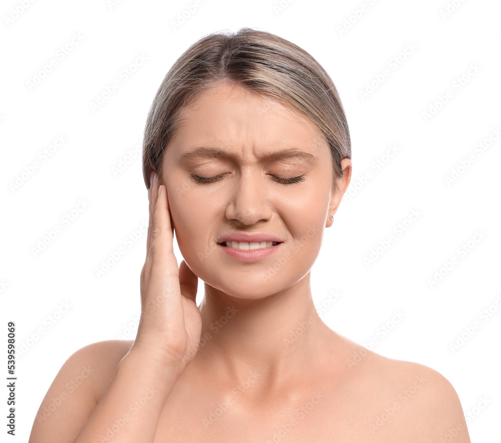 Young woman suffering from ear pain on white background Young woman suffering from ear pain on white background
