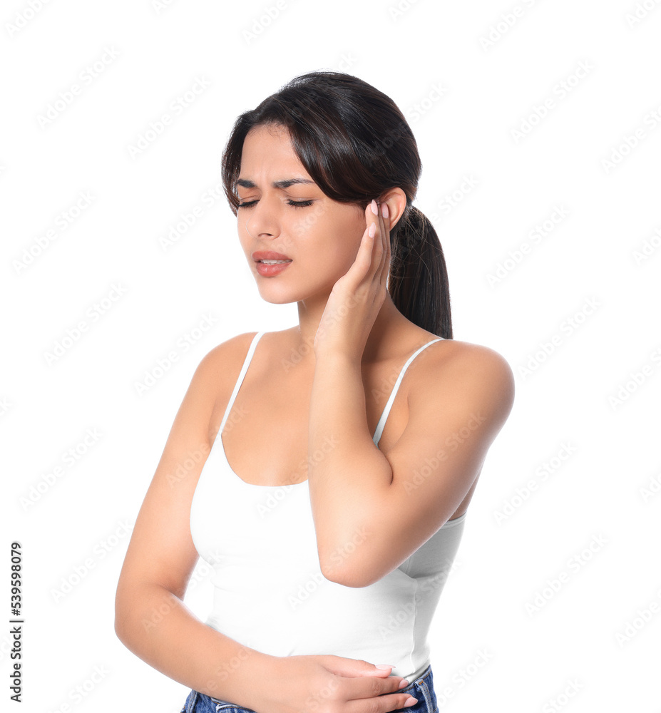 Young woman suffering from ear pain on white background Young woman suffering from ear pain on white background