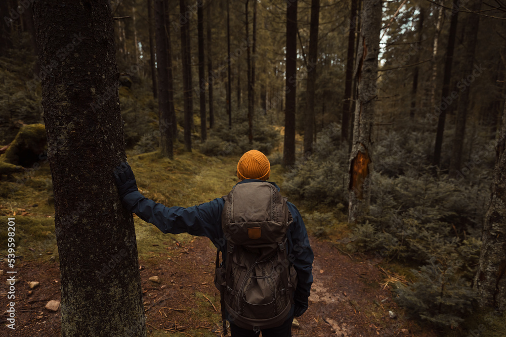 A caucasian man with a backpack hiking in the forest standing at a crossroad.