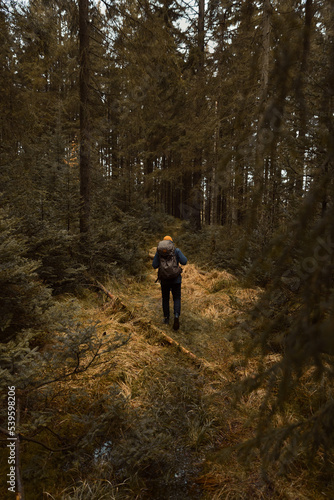 A caucasian man with a backpack hiking in tall yellow gras in the forest.