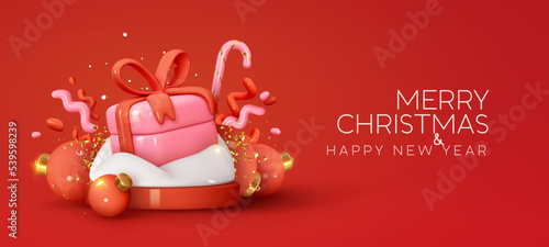 Merry Christmas and Happy New Year. Festive background with realistic 3d cartoon element. Red and pink Christmas web banner, website poster, brochure, holiday flyer, greeting card. Vector illustration