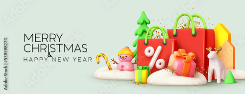 Christmas and New Year Sale. Colorful bright realistic 3d holiday object design, shopping bag, gift box, white snowdrift. Promo sale, advertising banner, web poster. vector illustration