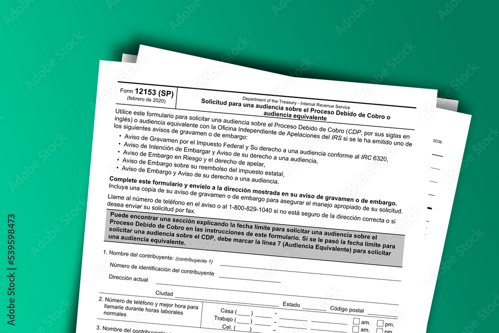 Fototapeta premium Form 12153 (SP) documentation published IRS USA 03.24.2020. American tax document on colored