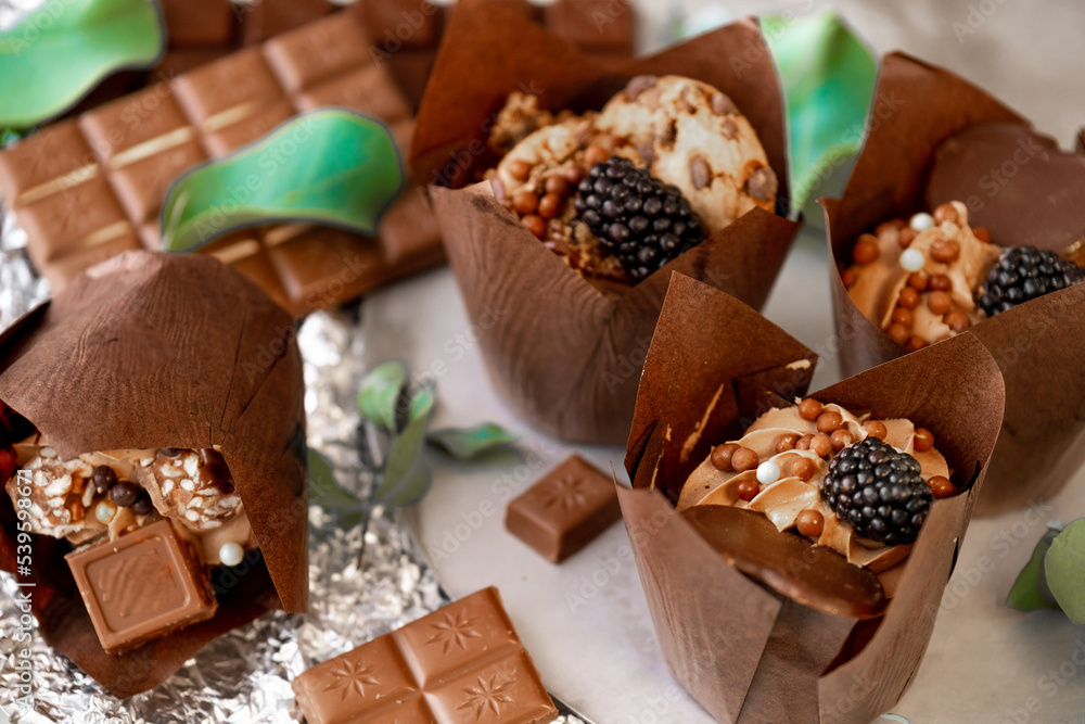 cupcake with blackberry and eucalyptus leaves on silver foil.Chocolate dessert.Assorted sweet table.Sweets and desserts. Baked goods cupcake with blackberry and eucalyptus leaves on silver foil.Chocolate dessert.Assorted sweet table.Sweets and desserts. Baked goods