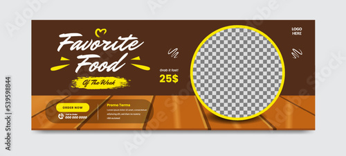 Delicious food menu social media cover timeline template with wooden floor