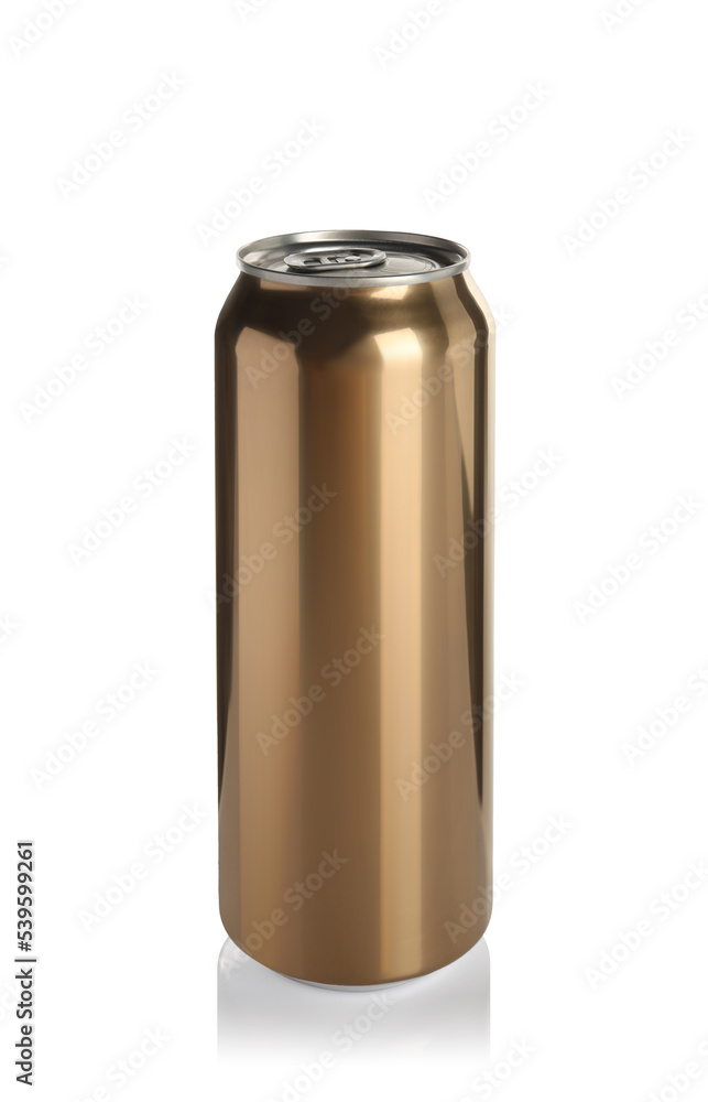 Golden aluminum can with drink isolated on white
