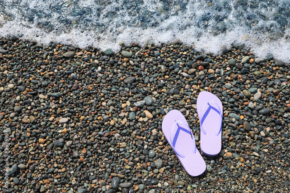 Stylish lilac flip lops on pebble beach near sea, above view. Space for text Stylish lilac flip lops on pebble beach near sea, above view. Space for text
