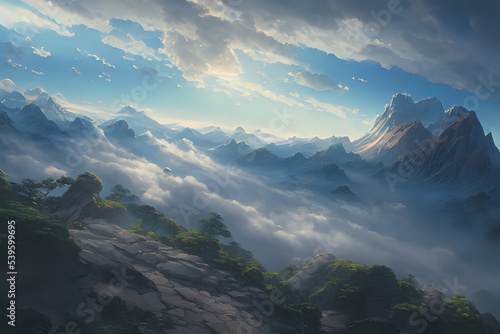 A fictional snow-capped mountain range rising above the fog. Fantasy landscape background. Generative AI creation.