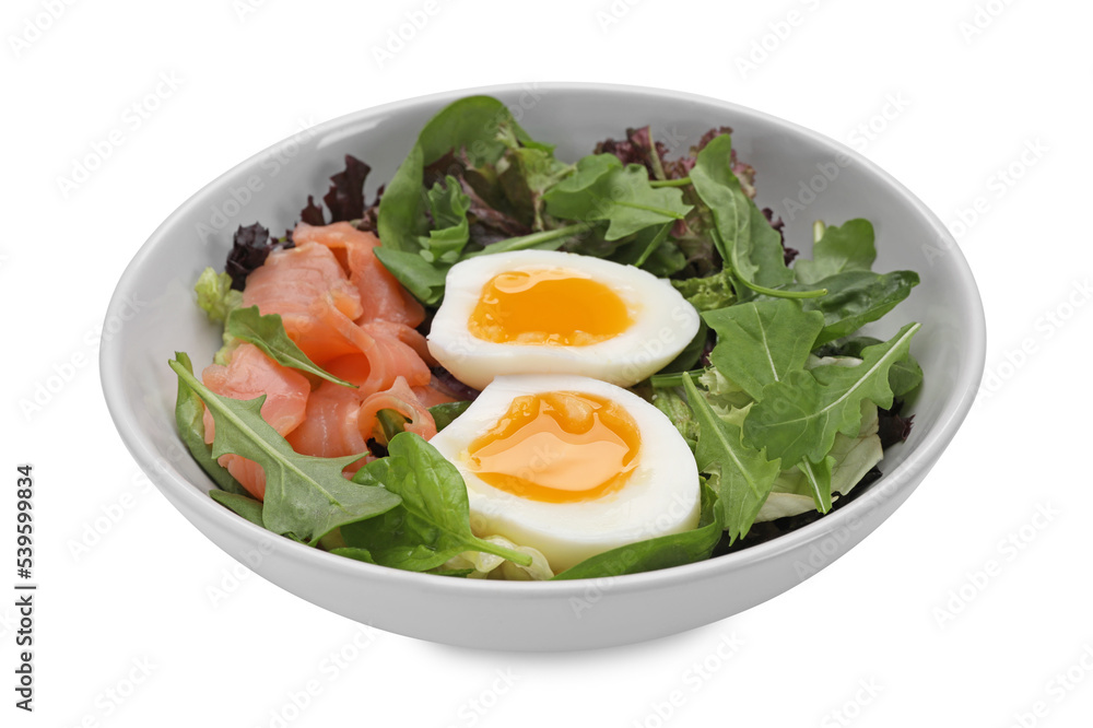 Delicious salad with boiled egg, salmon and arugula in bowl isolated on white Delicious salad with boiled egg, salmon and arugula in bowl isolated on white