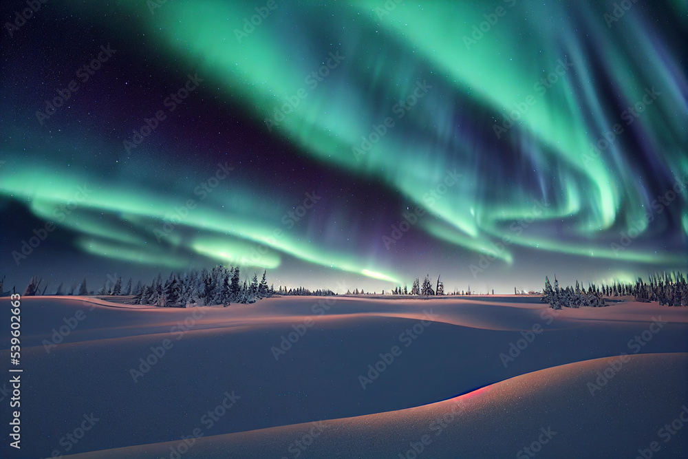 night terrestrial landscape with aurora northem lights in the sky.
