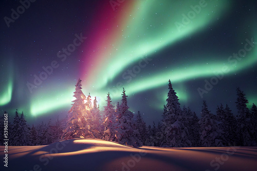 night terrestrial landscape with aurora northem lights in the sky. © Juan