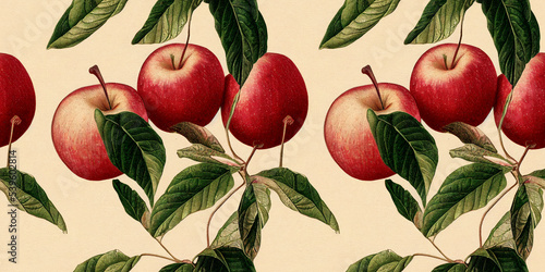 Fruit pattern. Seamless pattern of apple and leaves. Vintage botanical 3d illustration. photo