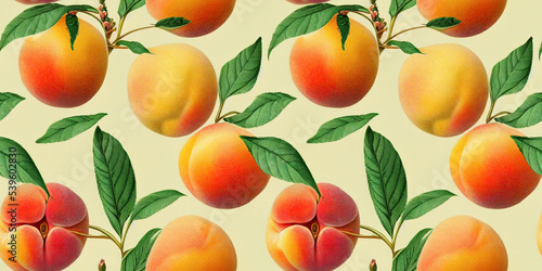 Fruit pattern. Seamless pattern of peaches and leaves. Vintage botanical 3d illustration.