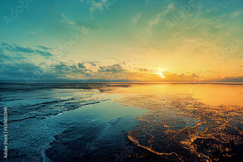 Golden black sea in the sunlight.