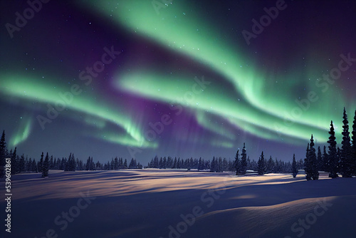 night terrestrial landscape with aurora northem lights in the sky.