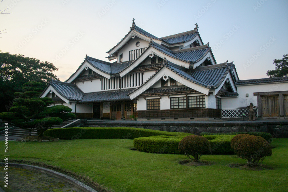 Traditional Japanese style building in Shiroyama Park, Miyakonojo, Miyazaki, Japan.