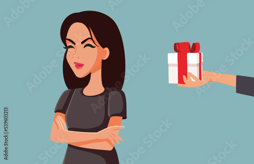 Unhappy Woman with Arms Crossed Refusing a Gift Vector Cartoon. Displeased girlfriend rejecting the present her boyfriend gave her
