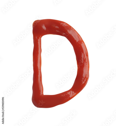 Letter D written with ketchup on white background