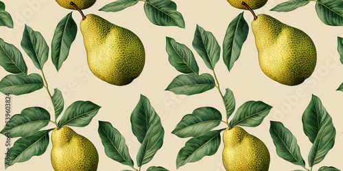 Fruit pattern. Seamless pattern of pears and leaves. Vintage botanical 3d illustration. photo