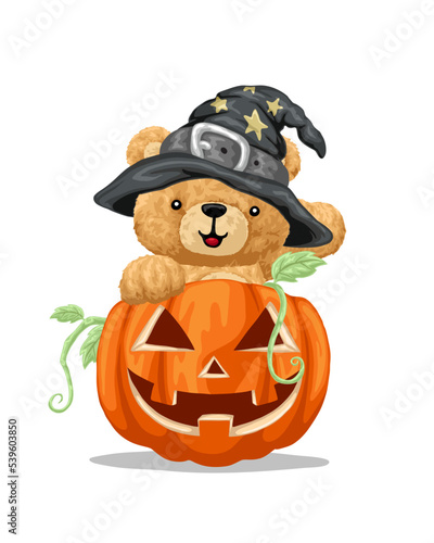 Hand drawn teddy bear cartoon in Halloween costume with pumpkin